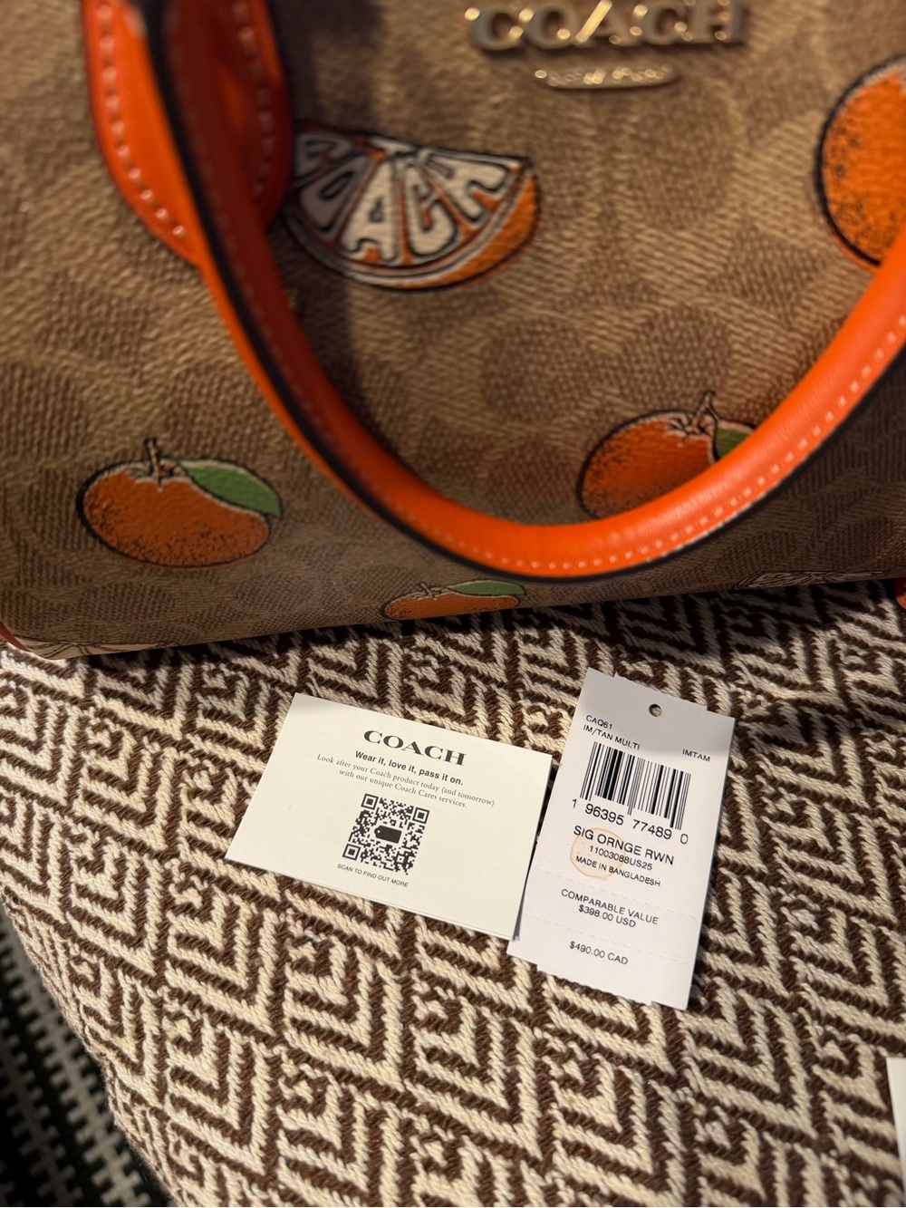 Coach Brown Signature Satchel with Orange Fruit Print and Orange Trim - Picture 3 of 5